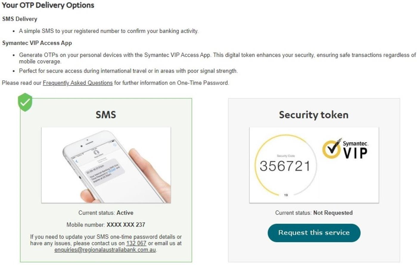 Internet Banking Security Options OTP SMS Symantec VIP Access App